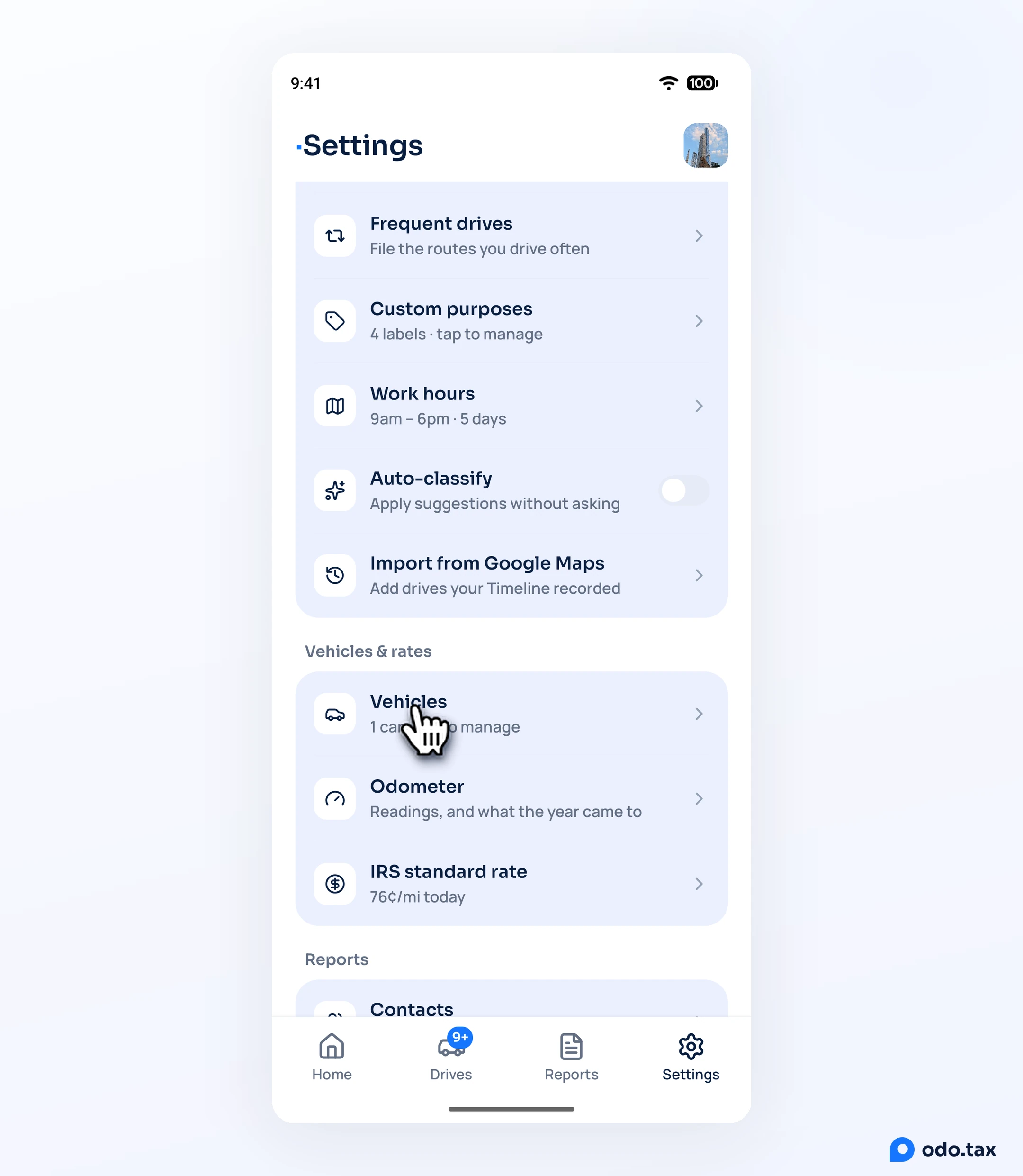Settings in OdoTax on Android, scrolled to Vehicles & rates, with the hand on Vehicles.