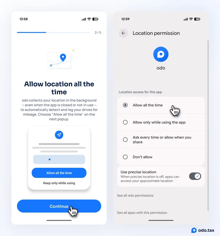 Two phones: OdoTax explaining that it collects location in the background even when closed, and Android’s Location permission page for OdoTax with "Allow all the time" selected.