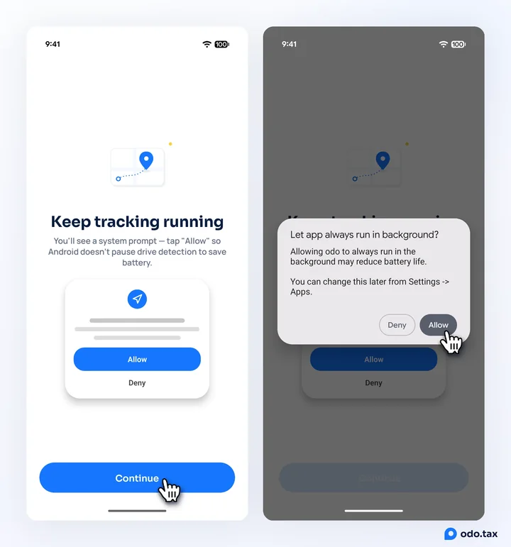 OdoTax’s "Keep tracking running" screen, and Android’s popup asking to let OdoTax always run in the background, with the hand on Allow.