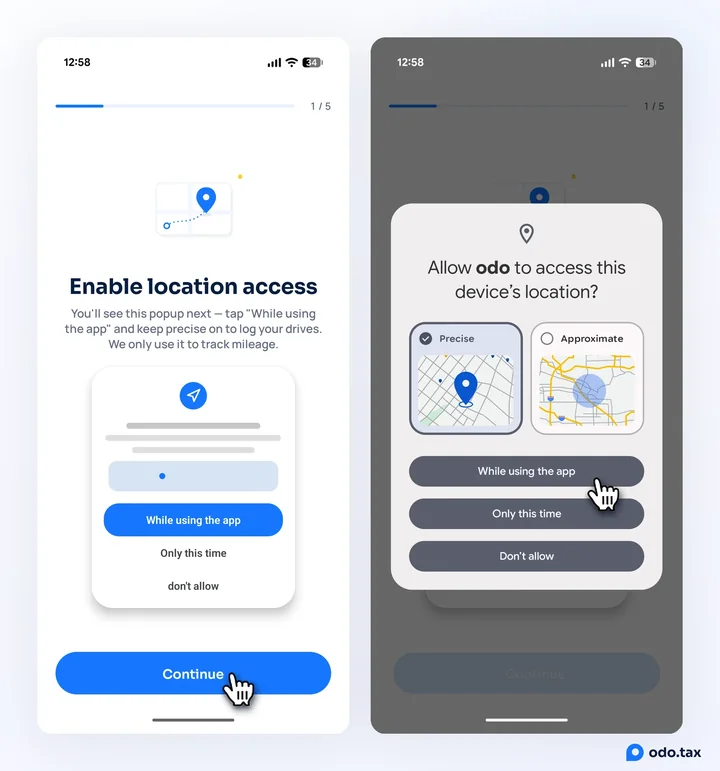 Two phones side by side: OdoTax’s first screen, "Enable location access", and Android’s own popup asking to allow OdoTax to access this device’s location, with Precise selected.