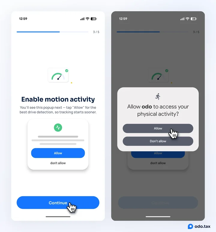 Two phones: OdoTax’s "Enable motion activity" screen, and Android’s dialog asking to allow OdoTax to access your physical activity.