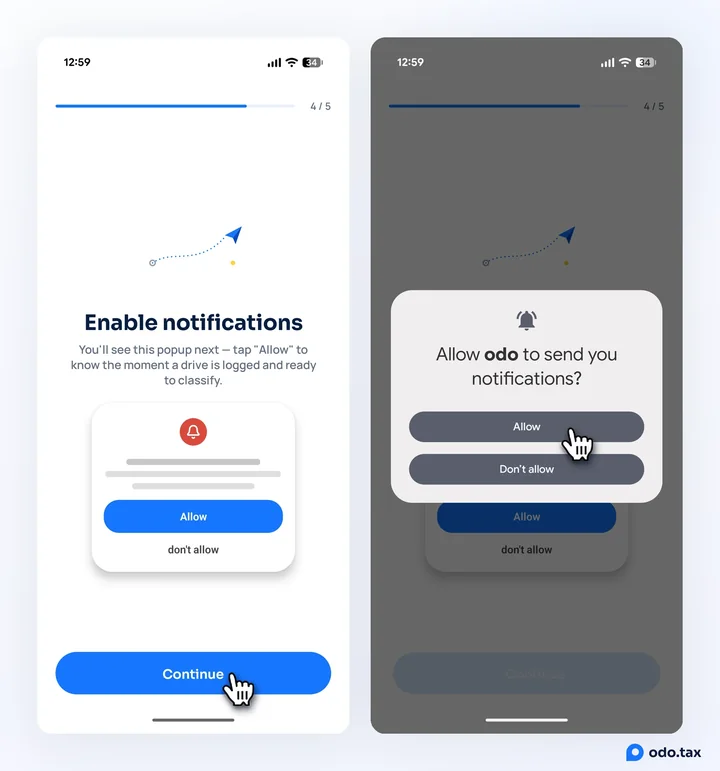Two phones: OdoTax’s "Enable notifications" screen, and Android’s dialog asking to allow OdoTax to send you notifications.