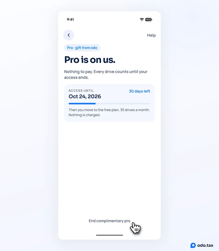 Settings → Subscription in odo on Android with complimentary pro: Pro · gift from odo, Pro is on us, access until Oct 24, 2026 with 30 days left, then the free plan, and the hand on End complimentary pro.