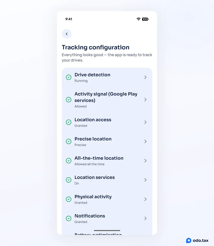 The Tracking configuration screen in OdoTax on Android: drive detection running, the Google Play services activity signal, location, precise and all-the-time location, physical activity and notifications, all with green ticks.