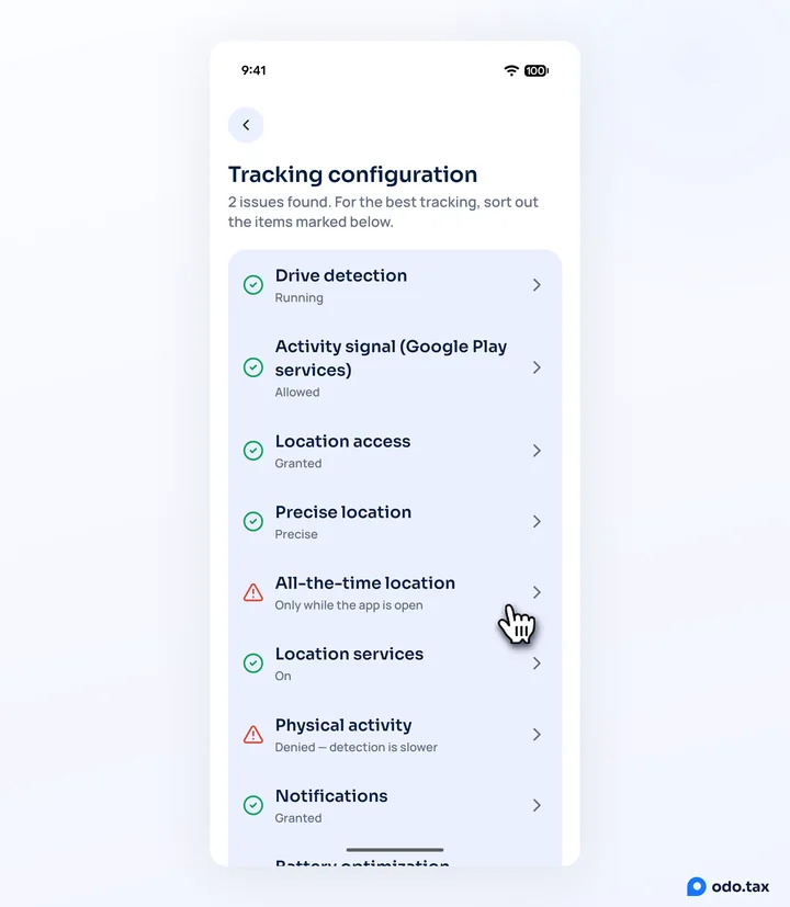 Tracking configuration on Android with 2 issues found: All-the-time location — Only while the app is open, and Physical activity — Denied, detection is slower, both marked red.