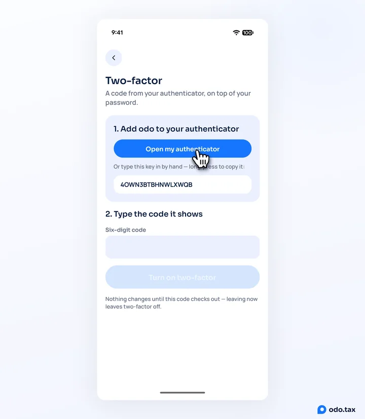 Two-factor in odo on Android after the password: Open my authenticator with the hand on it, the key to type by hand, and a box for the six-digit code.