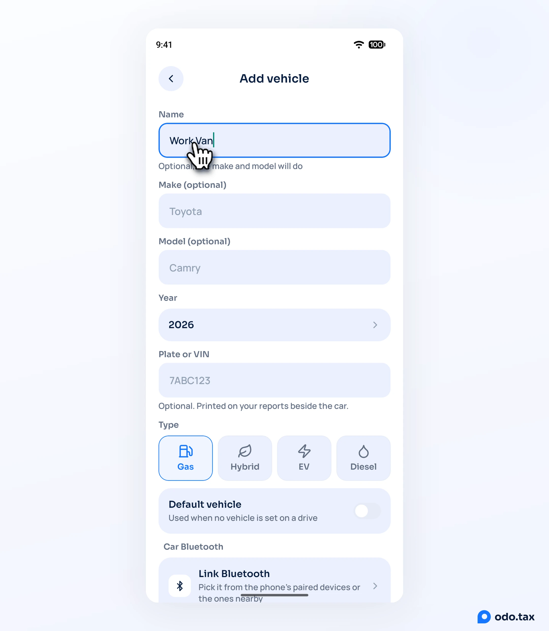 Add vehicle in OdoTax on Android with Work Van typed as the name, and the hand on it; make, model, year, plate or VIN and type come below.