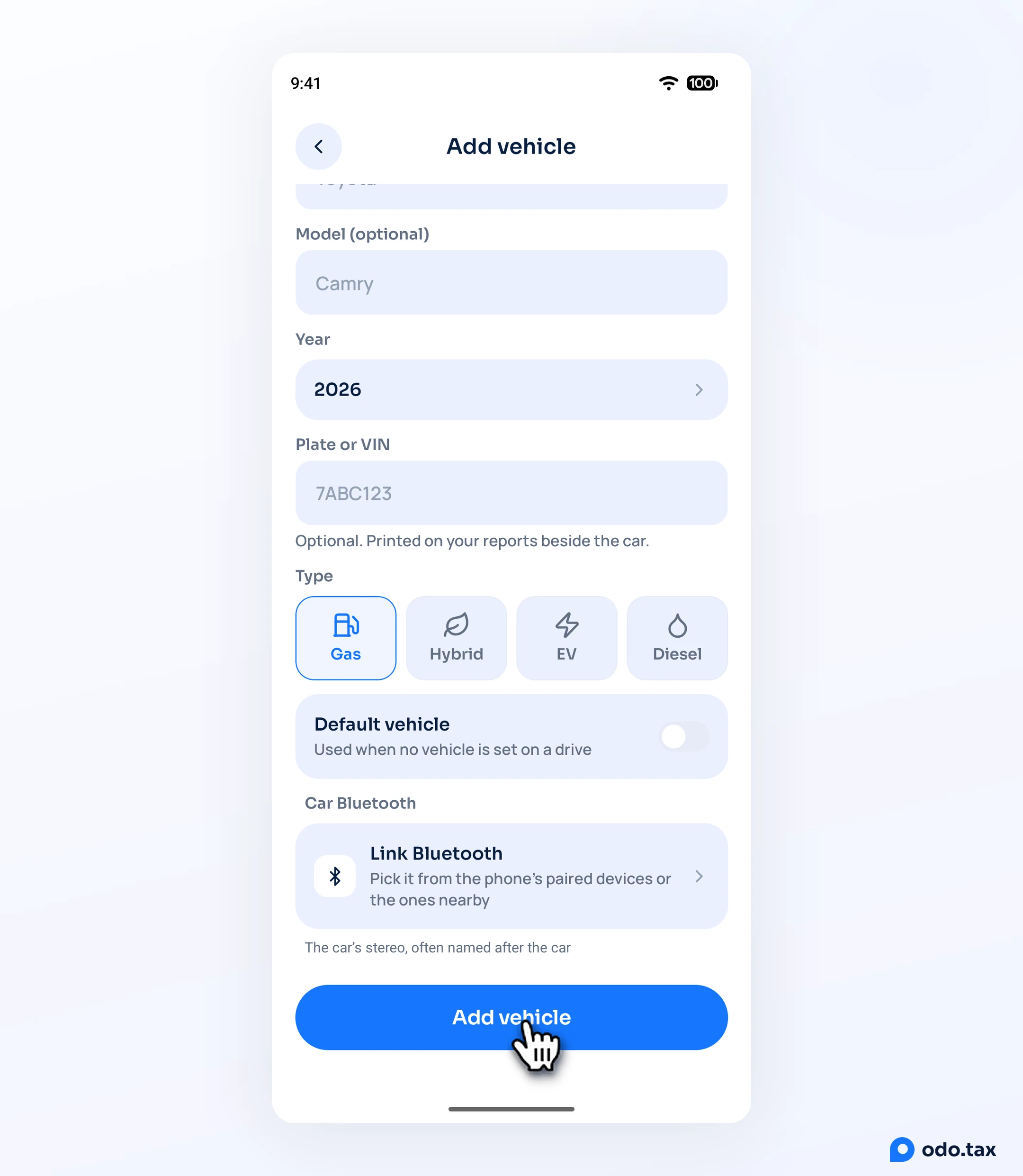 Add vehicle in OdoTax on Android scrolled to the end: plate or VIN, type, Default vehicle, Car Bluetooth, and the hand on the Add vehicle button.