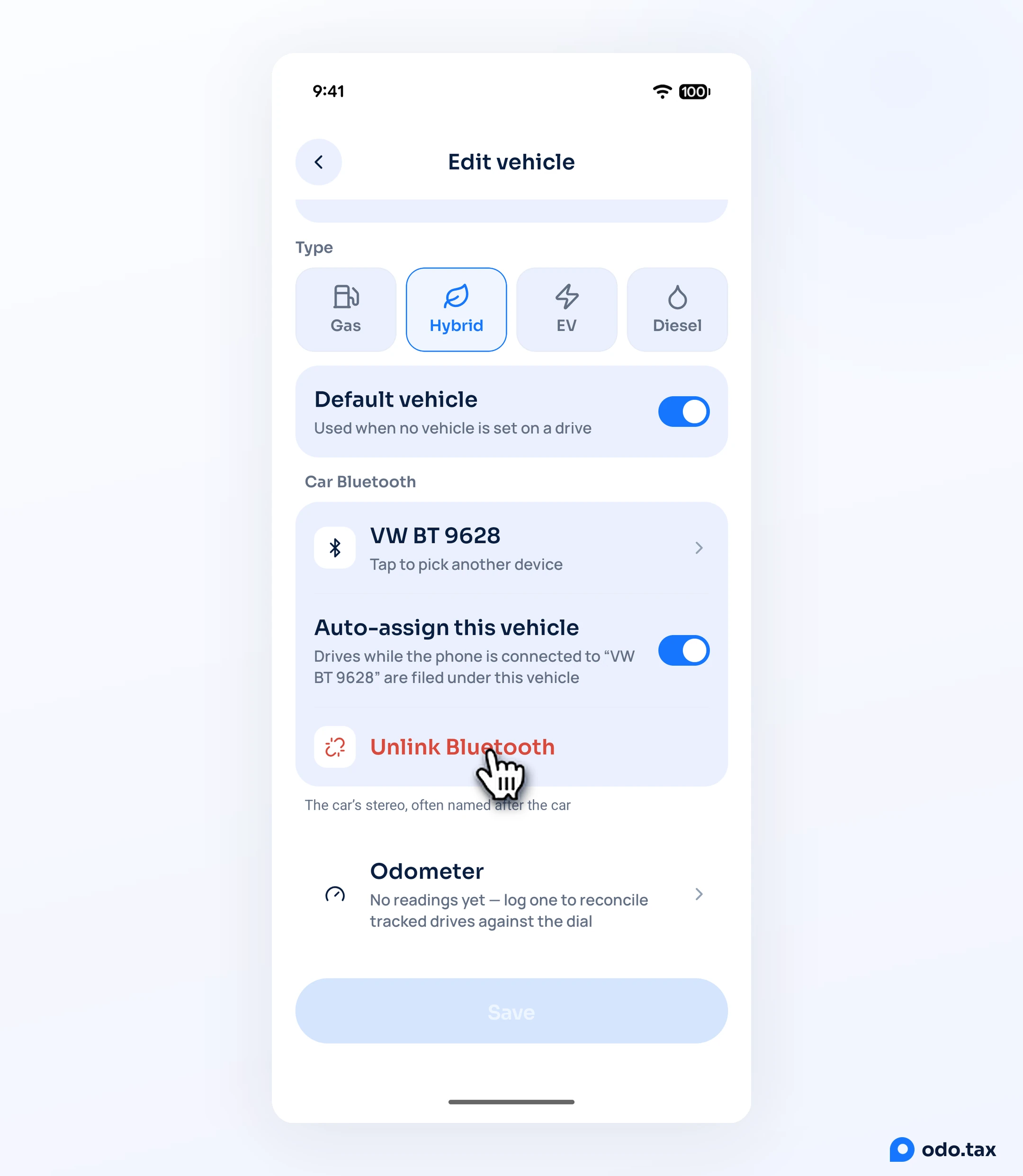 Edit vehicle in OdoTax on Android with a car’s Bluetooth linked: the device, Auto-assign this vehicle switched on, and the hand on Unlink Bluetooth.
