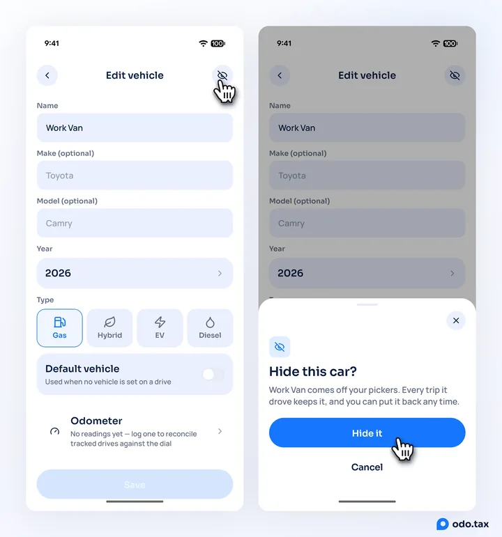Two phones: the Edit vehicle screen with the hand on the hide button at the top right, and the Hide this car? sheet with the hand on Hide it.