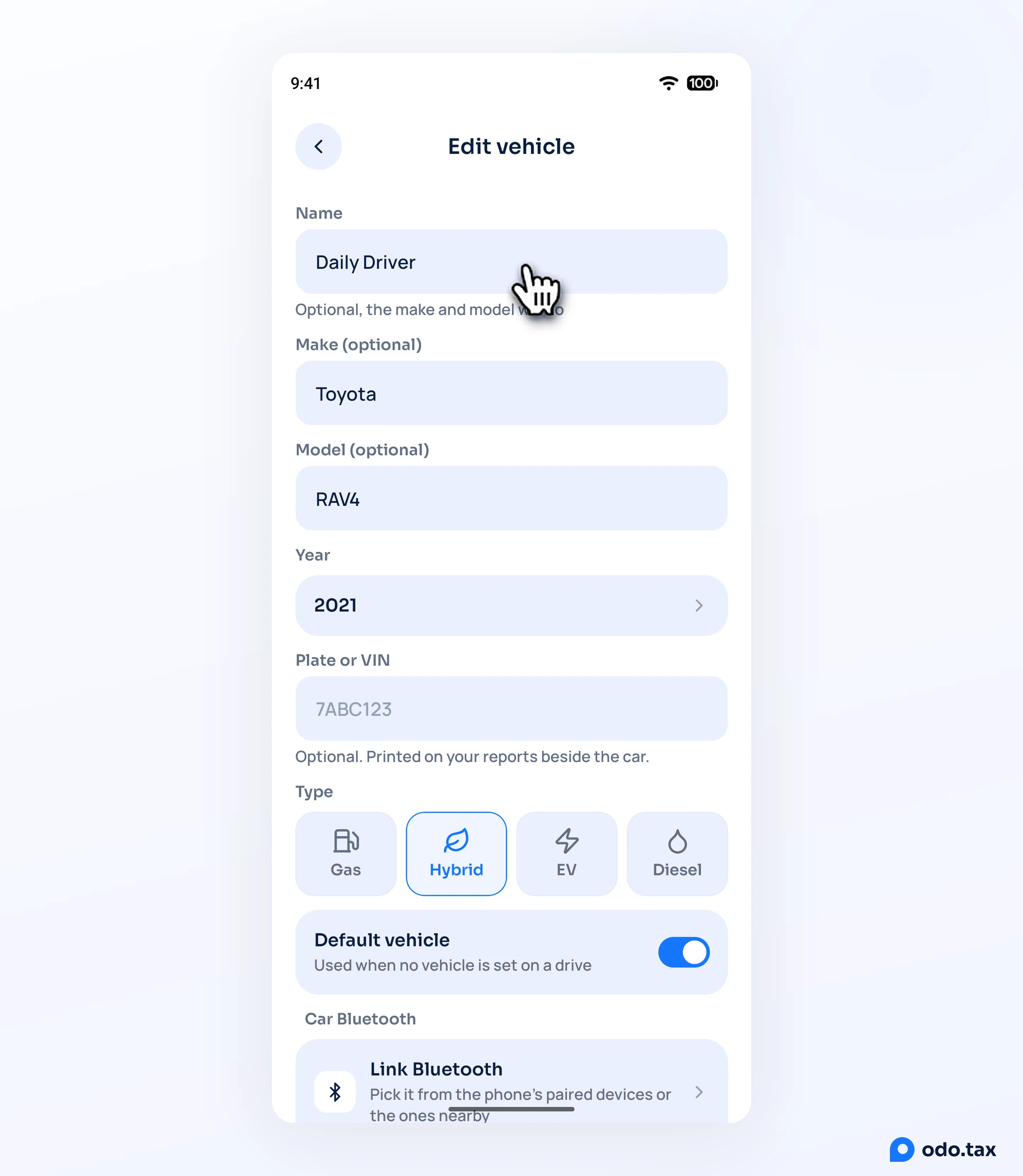 The Edit vehicle screen in OdoTax on Android: name, optional make and model, year, plate or VIN, type, the Default vehicle switch and Car Bluetooth, with the hand on the name.