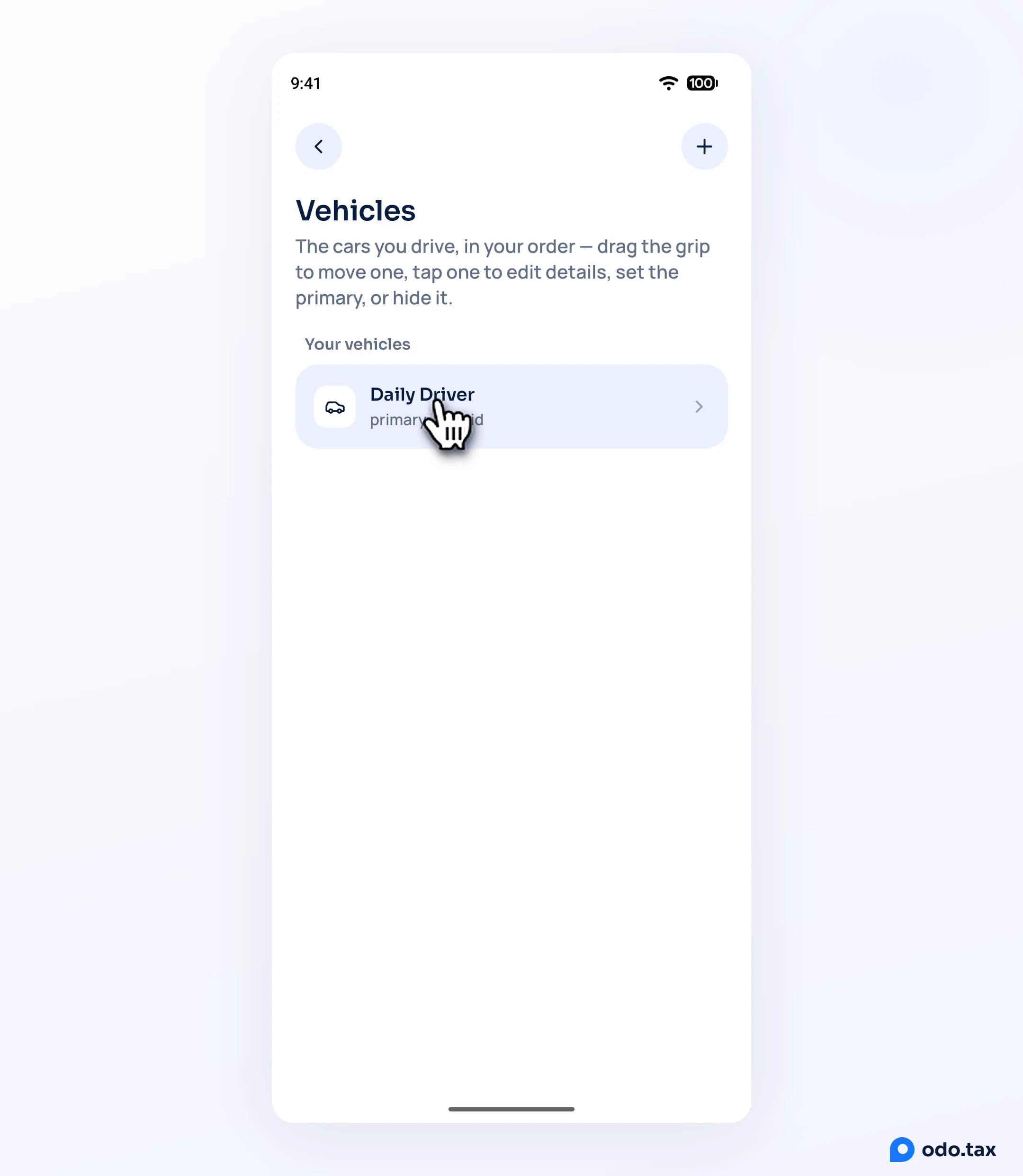 The Vehicles screen in OdoTax on Android with the hand on the car, Daily Driver.