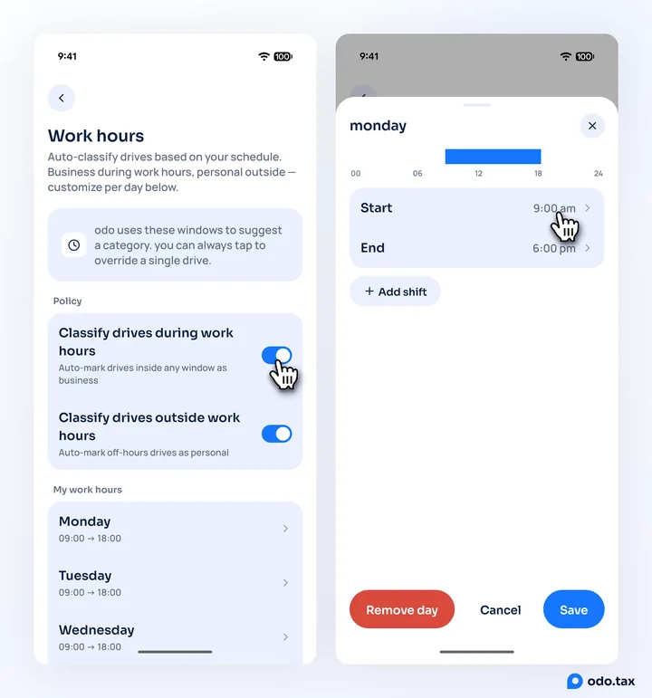 Two phones: the Work hours screen with its two switches and the week, the hand on the first switch; and Monday’s sheet with Start 9:00 am, End 6:00 pm, Add shift, and Remove day, Cancel and Save.