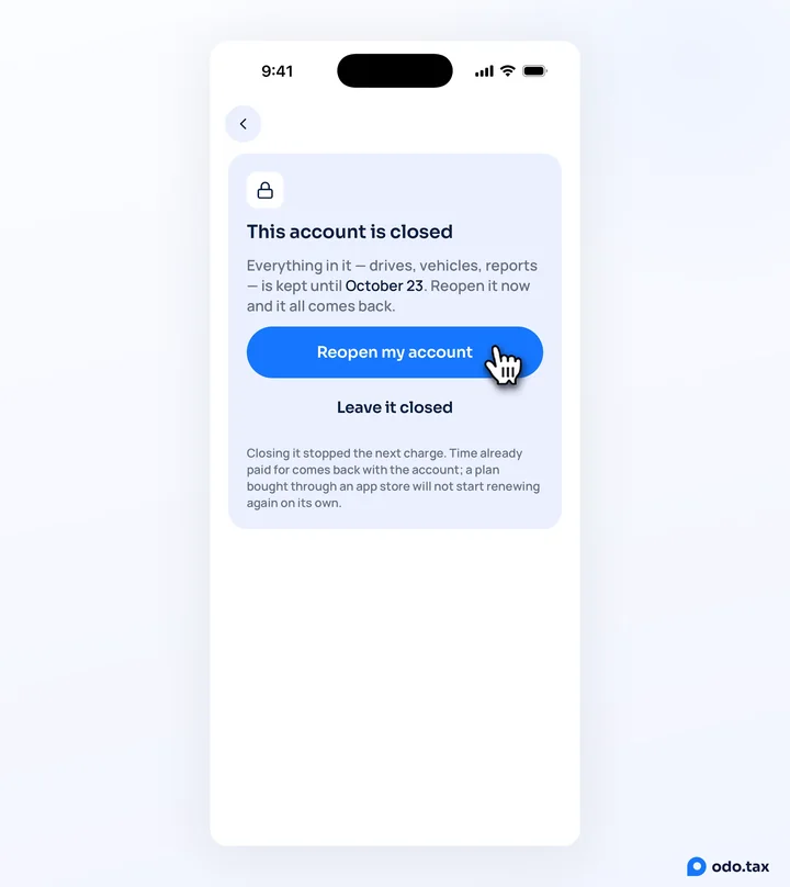 odo on iPhone after signing in to a closed account: This account is closed, kept until October 23, with the hand on Reopen my account and Leave it closed below.