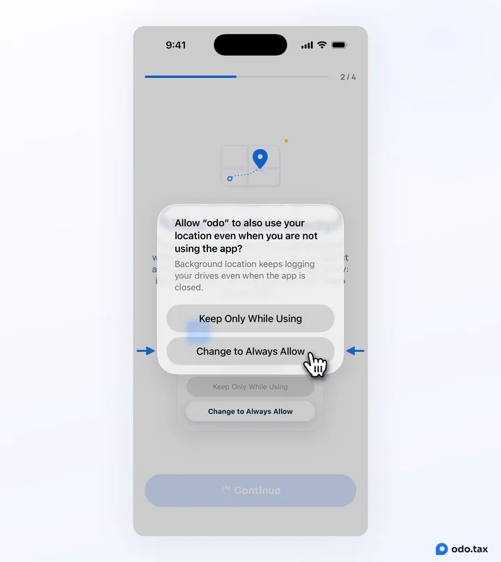 The iPhone’s question about using your location even when you’re not using the app, with the hand on Change to Always Allow