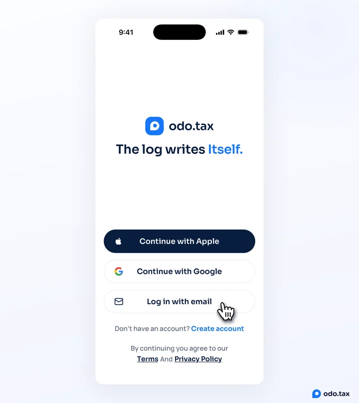The app’s sign-in screen, with the hand on Log in with email, below Continue with Apple and Continue with Google