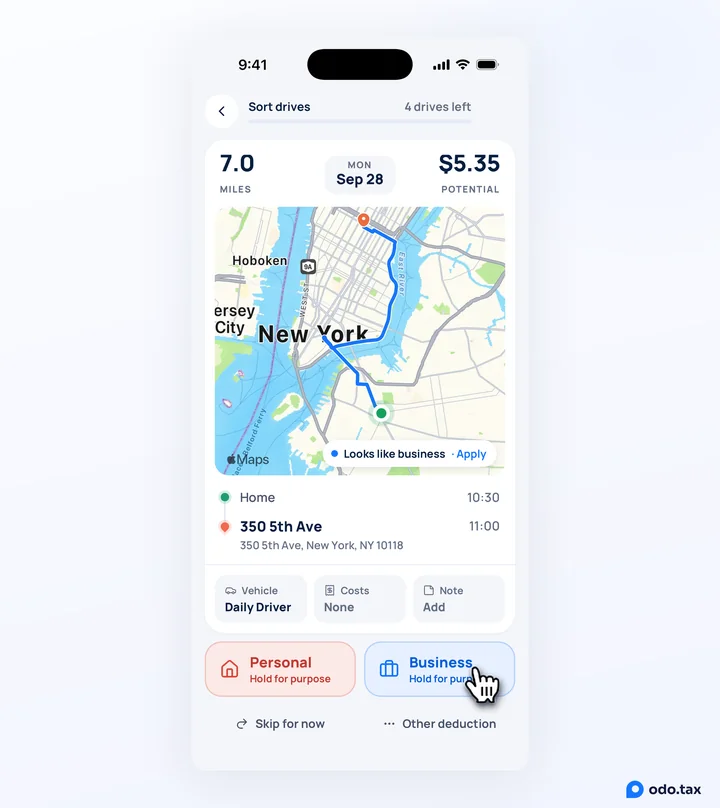 OdoTax’s classify screen on an iPhone: one drive with its map, from Home to 350 5th Ave, a Looks like business suggestion, and the hand on Business.