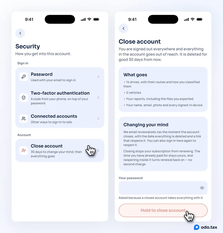 Two iPhones: the Security screen with the hand on Close account; and the Close account screen listing what goes, how to change your mind, the password field and Hold to close account.