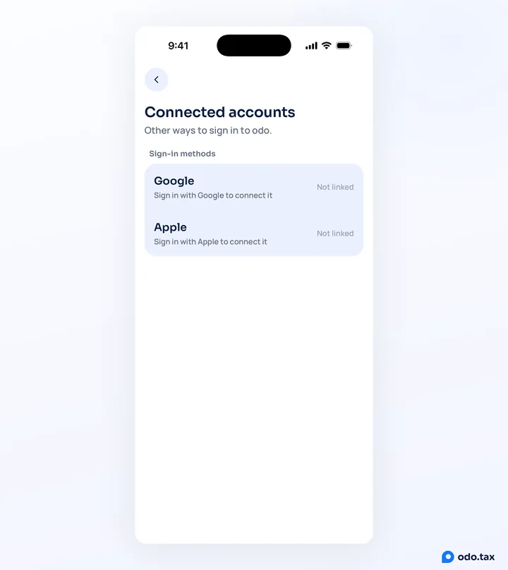 Connected accounts in odo on an iPhone: Google and Apple, each signed in with to connect it.