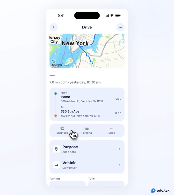 A drive open in odo on an iPhone: its map, from Home to 350 5th Ave, the Business, Personal and More buttons with the hand on Business, and Purpose and Vehicle below.