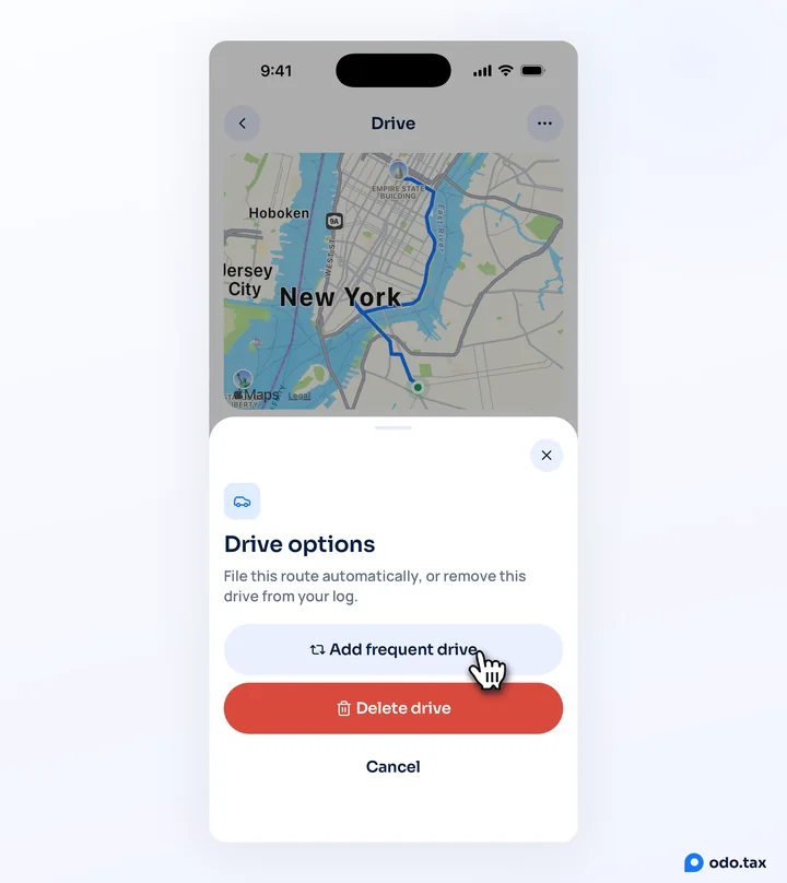 The Drive options sheet on an iPhone with the hand on Add frequent drive.