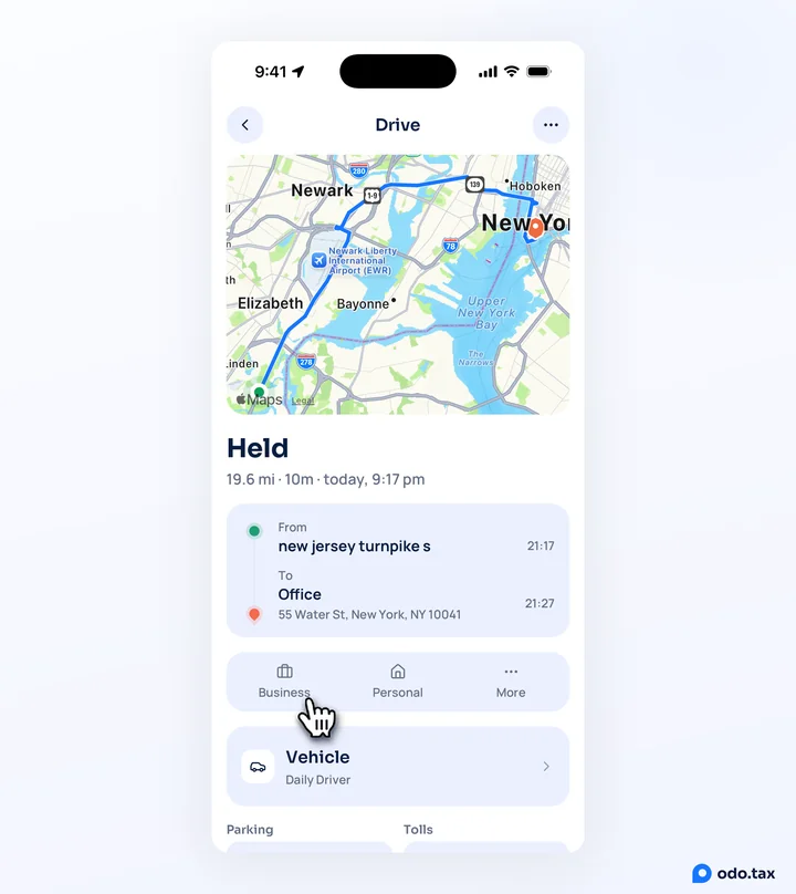 A held drive open in OdoTax on an iPhone: Held at the top, the route from the New Jersey Turnpike to Office, and the hand on Business — classifying it is how it counts.