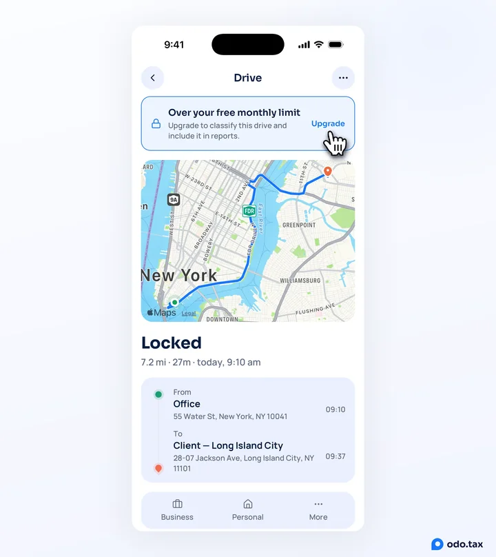 A locked drive open in OdoTax on iPhone: the Over your free monthly limit card at the top with the hand on Upgrade, and Locked where the amount would be.