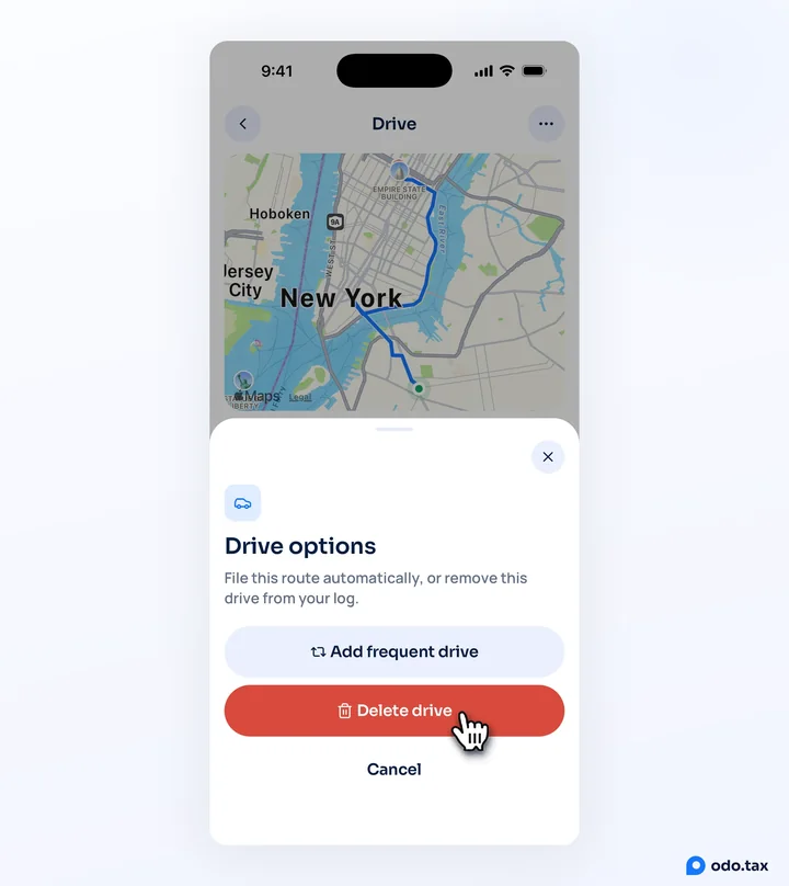 The Drive options sheet on an iPhone: Add frequent drive, Delete drive with the hand on it, and Cancel.