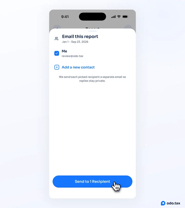 The Email this report sheet in odo on an iPhone: Me picked, Add a new contact below, and the hand on Send.