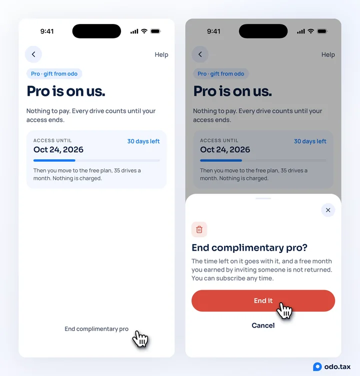 Settings → Subscription in odo on an iPhone with complimentary pro: Pro · gift from odo, Pro is on us, access until Oct 24, 2026 with 30 days left, and the hand on End complimentary pro; beside it, End complimentary pro? — the time left goes with it — with the hand on End it.