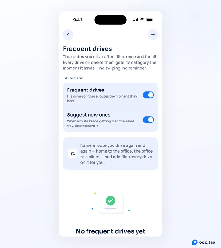 The Frequent drives screen in odo on an iPhone: the Frequent drives and Suggest new ones switches.