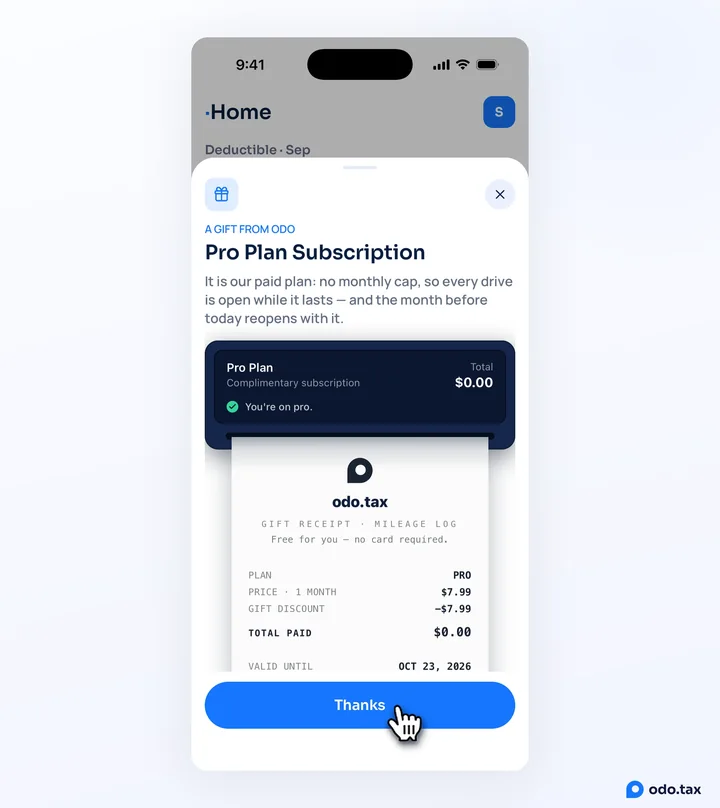 odo on iPhone when pro has been given: A gift from odo, Pro Plan Subscription, a receipt for $0.00 valid until Oct 23, 2026, and the hand on Thanks.