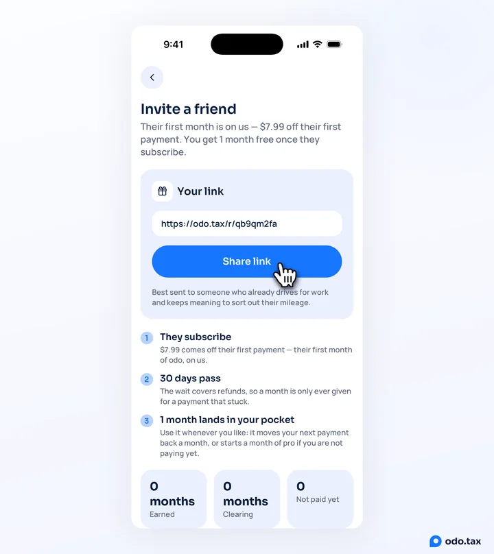Invite a friend in odo on an iPhone: your link, the hand on Share link, and the three steps.