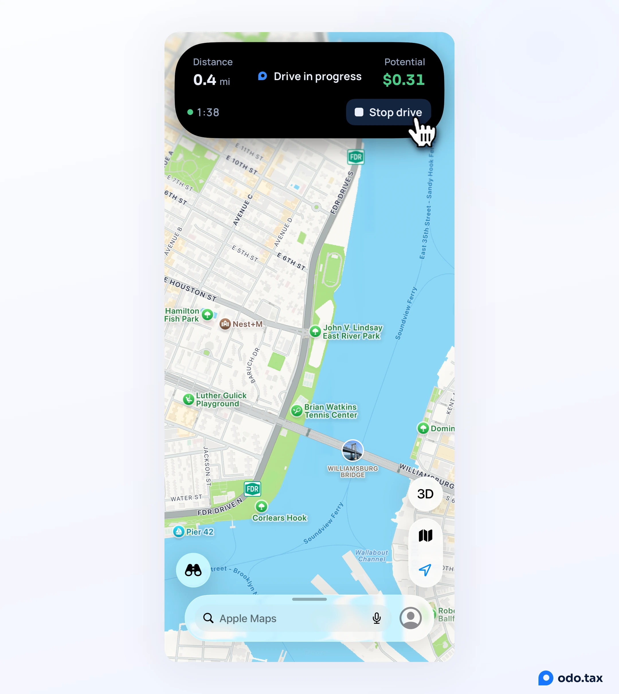 The Dynamic Island opened over Apple Maps: Drive in progress for 1 minute, 0.4 mi, a potential $0.31, and the hand on Stop drive.