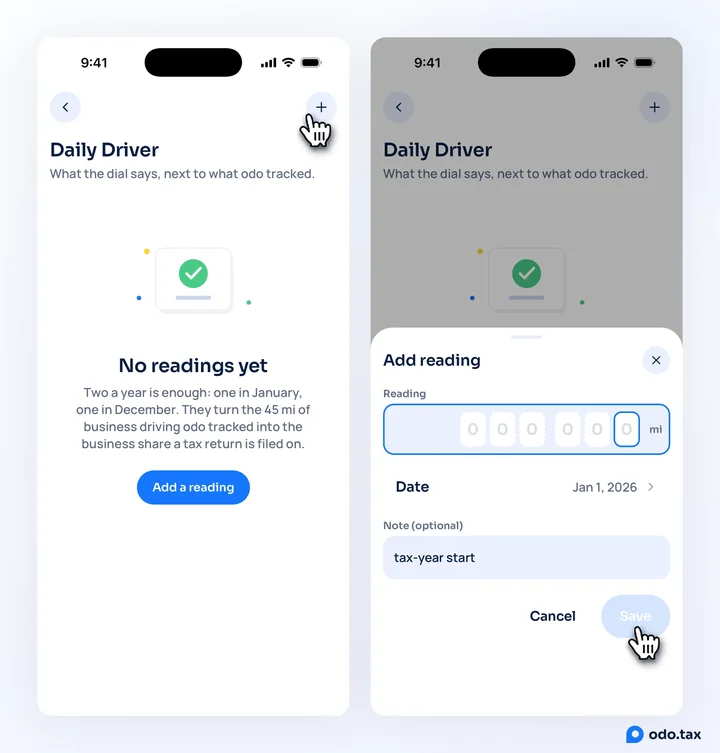 Two iPhones: the Odometer page for Daily Driver with the hand on +; and the Add reading sheet with its Reading dial, Date and Note, the hand on Save.