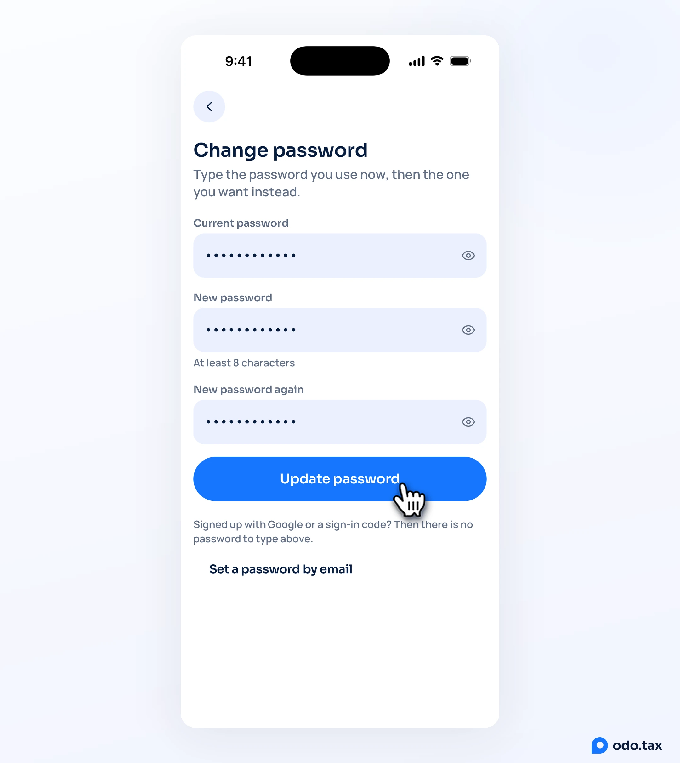 Change password in OdoTax on an iPhone: the current password and the new one twice, typed, and the hand on Update password.