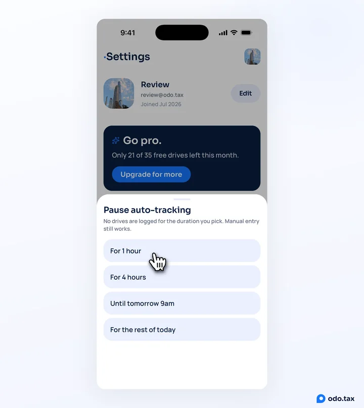 The Pause auto-tracking sheet in OdoTax on an iPhone: For 1 hour with the hand on it, For 4 hours, Until tomorrow 9am and For the rest of today.