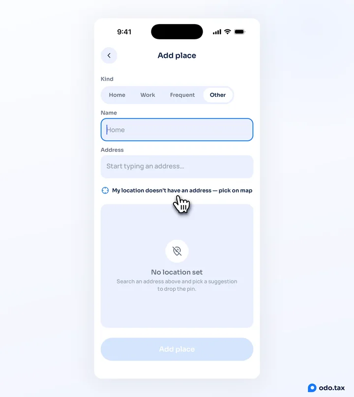 Add place in odo on an iPhone, with the hand on My location doesn't have an address — pick on map.