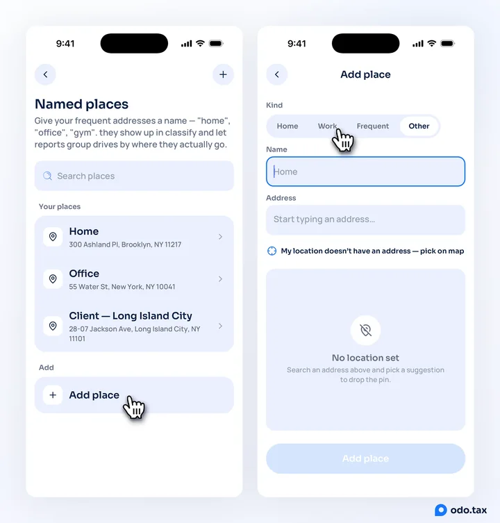 Two iPhones: the Named places screen with Home, Office and Client — Long Island City and the hand on Add place; and the Add place form with the Home, Work, Frequent and Other kinds, the hand on Work.