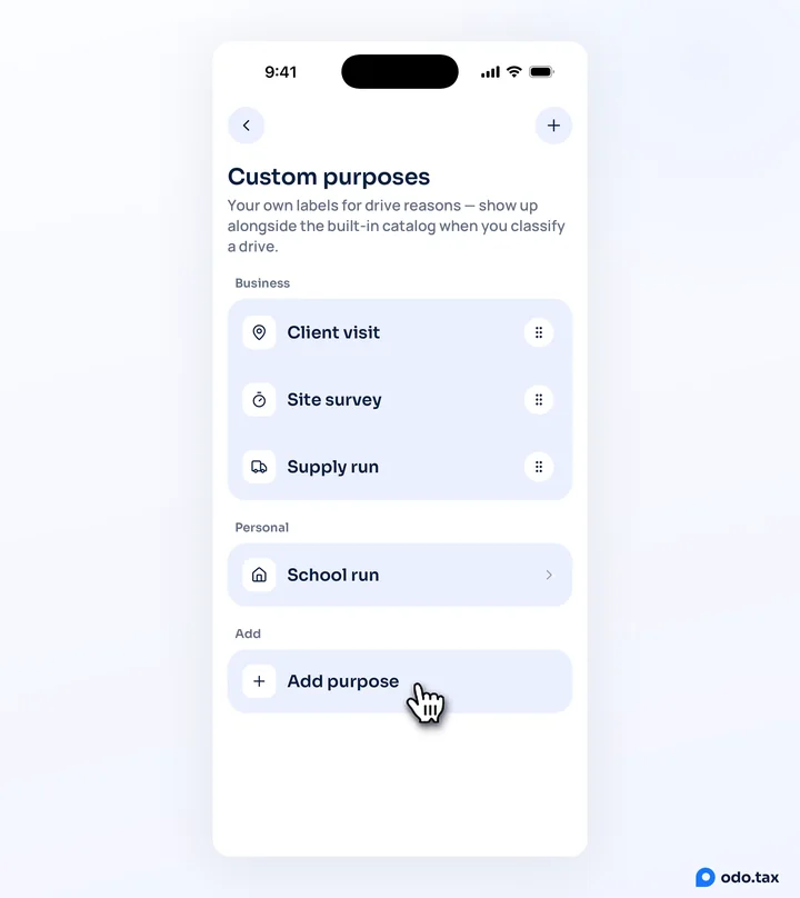 The Custom purposes screen in OdoTax on an iPhone: Client visit, Site survey and Supply run under Business, School run under Personal, and the hand on Add purpose.