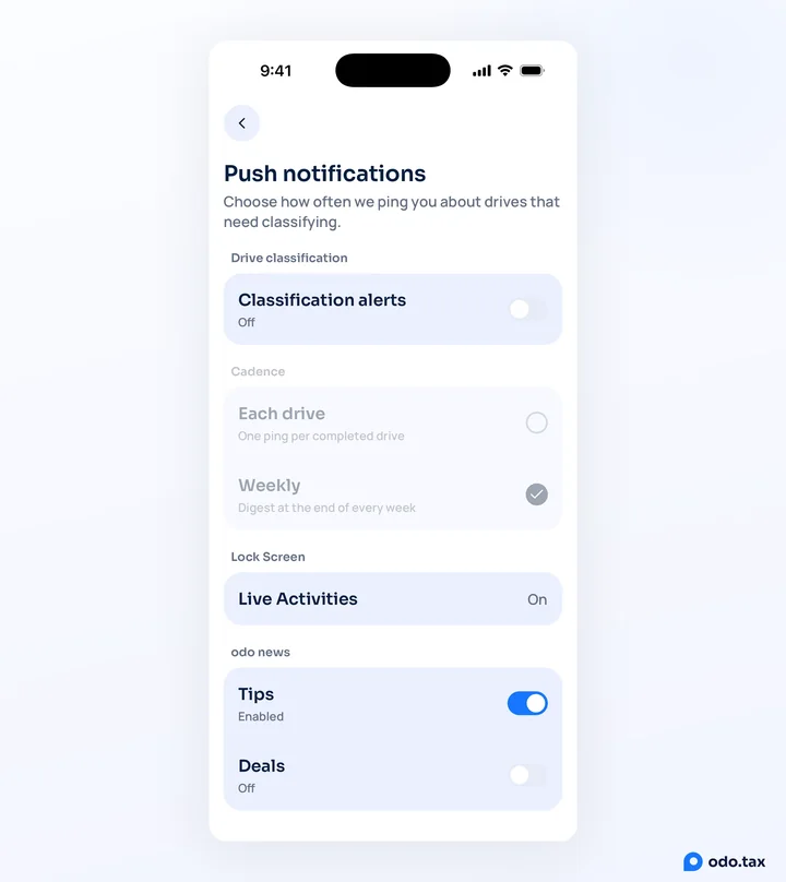 Push notifications in odo on an iPhone: Classification alerts, the Cadence, the Live Activities switch, and Tips and Deals.
