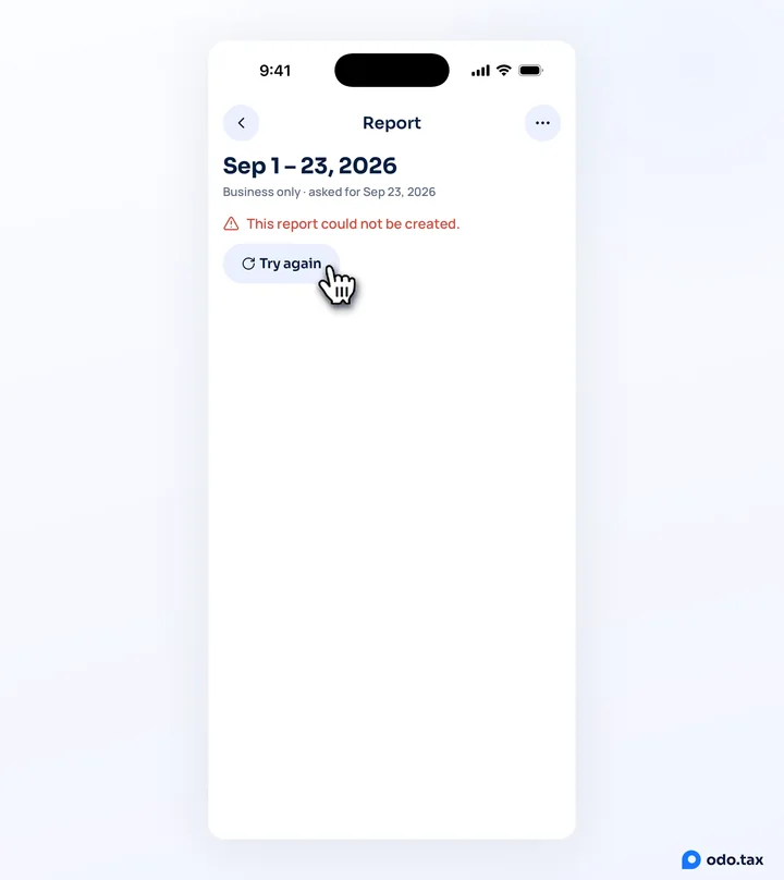 A failed report opened in odo on iPhone: This report could not be created, and the hand on Try again.