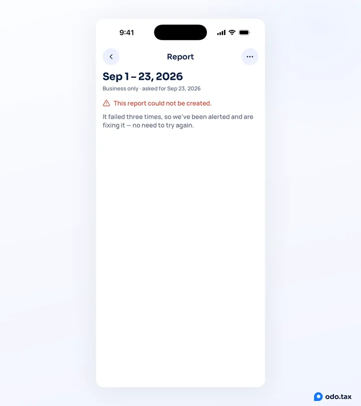 A report in odo on iPhone that failed three times: It failed three times, so we've been alerted and are fixing it — no Try again.