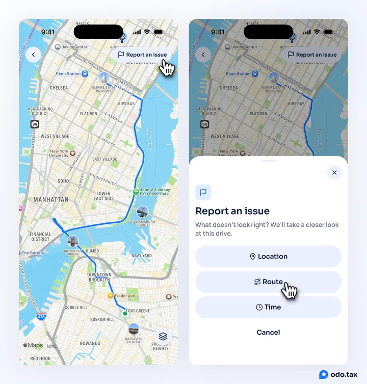 A drive’s full-screen map with the hand on Report an issue, and the sheet it opens: Location, Route, Time