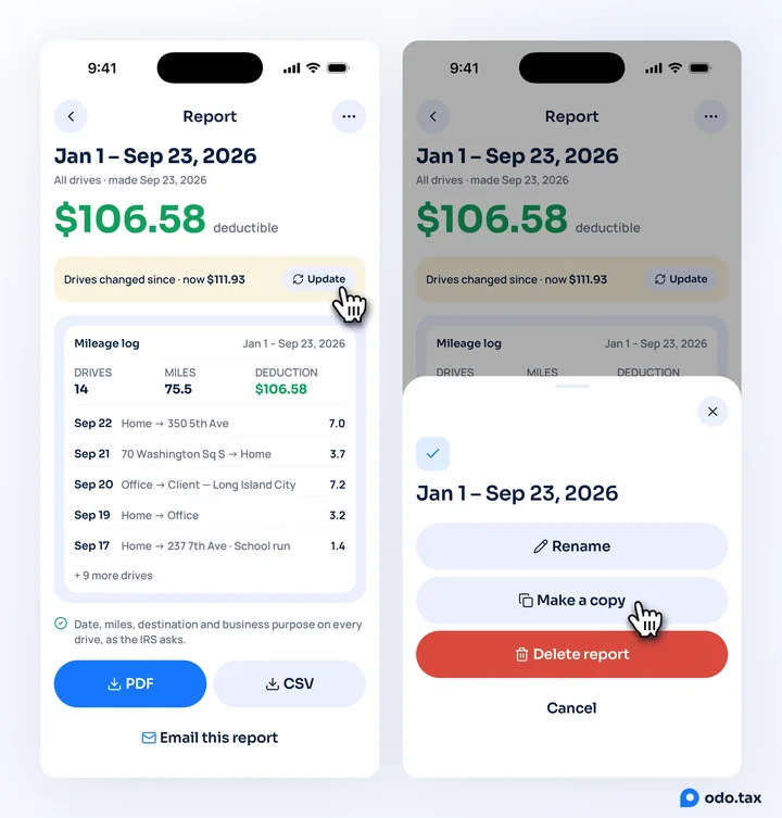 Two iPhones: a report showing Drives changed since · now $111.93 with the hand on Update; and its options — Rename, Make a copy, Delete report — with the hand on Make a copy.