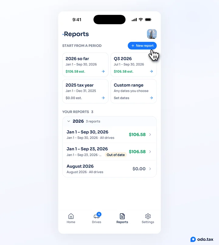 The Reports tab in OdoTax on an iPhone: the period cards — 2026 so far, Q3 2026, 2025 tax year, Custom range — your reports below, and the hand on New report.