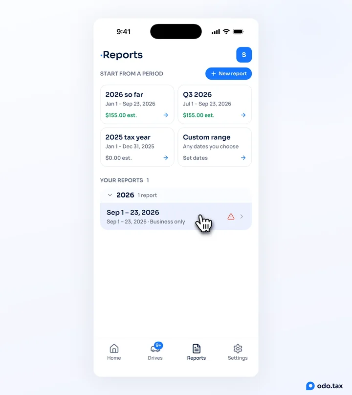 The Reports tab in odo on iPhone: a report with a red warning sign where its figure would be, and the hand on it.
