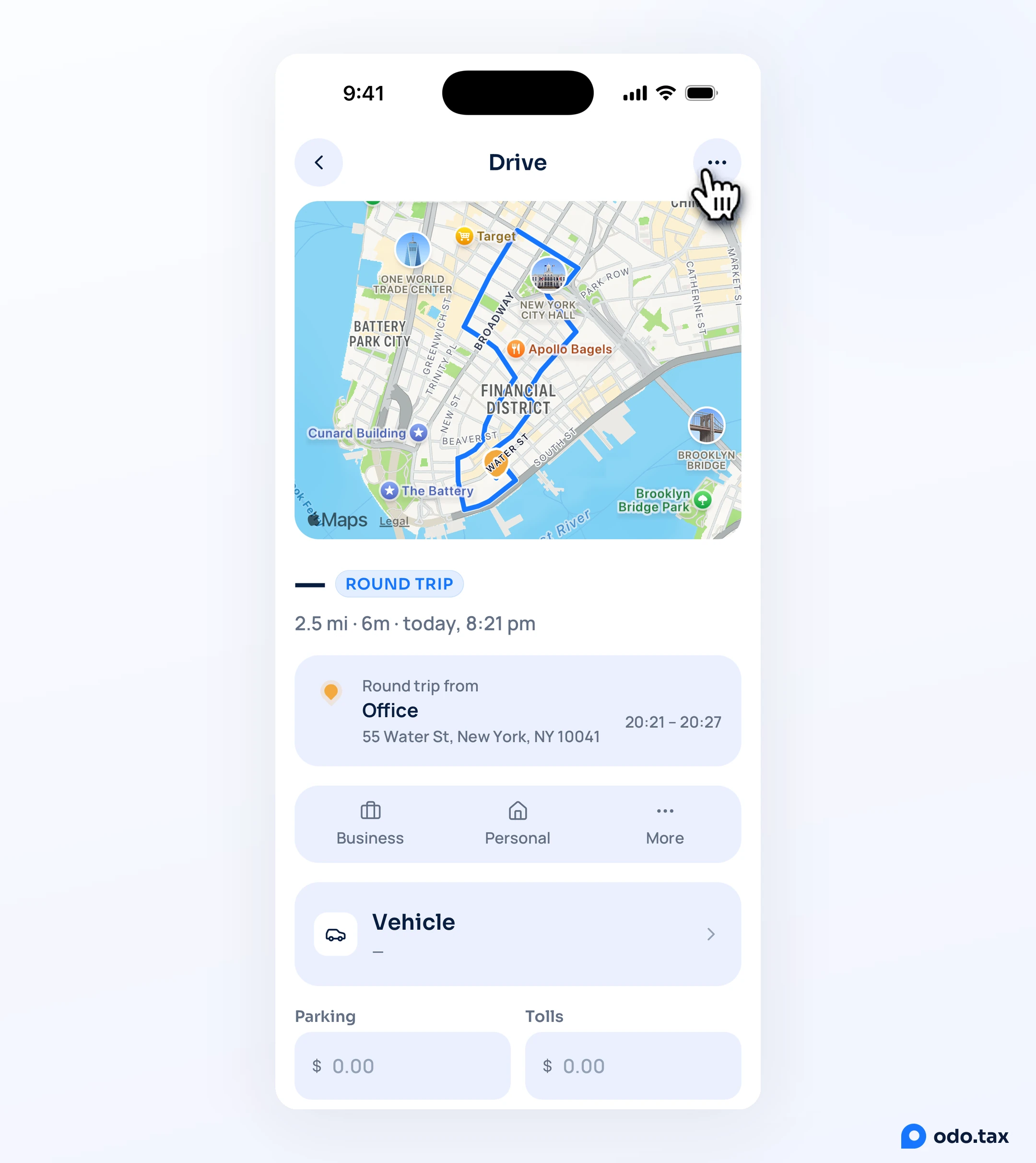 A round trip open in OdoTax on an iPhone: from Office around City Hall and back, Round trip from Office, and the hand on … at the top right.