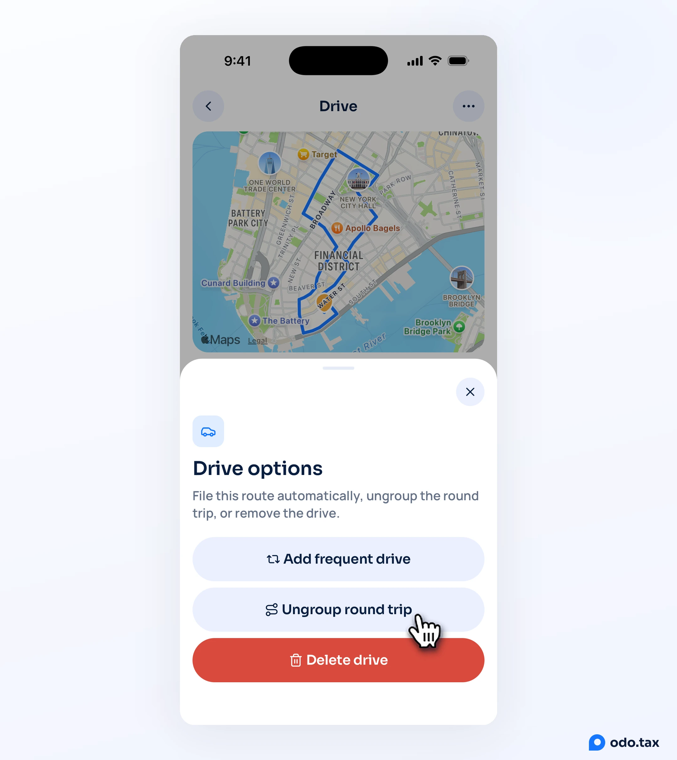 Drive options over a round trip in OdoTax on an iPhone — Add frequent drive, Ungroup round trip, Delete drive — with the hand on Ungroup round trip.