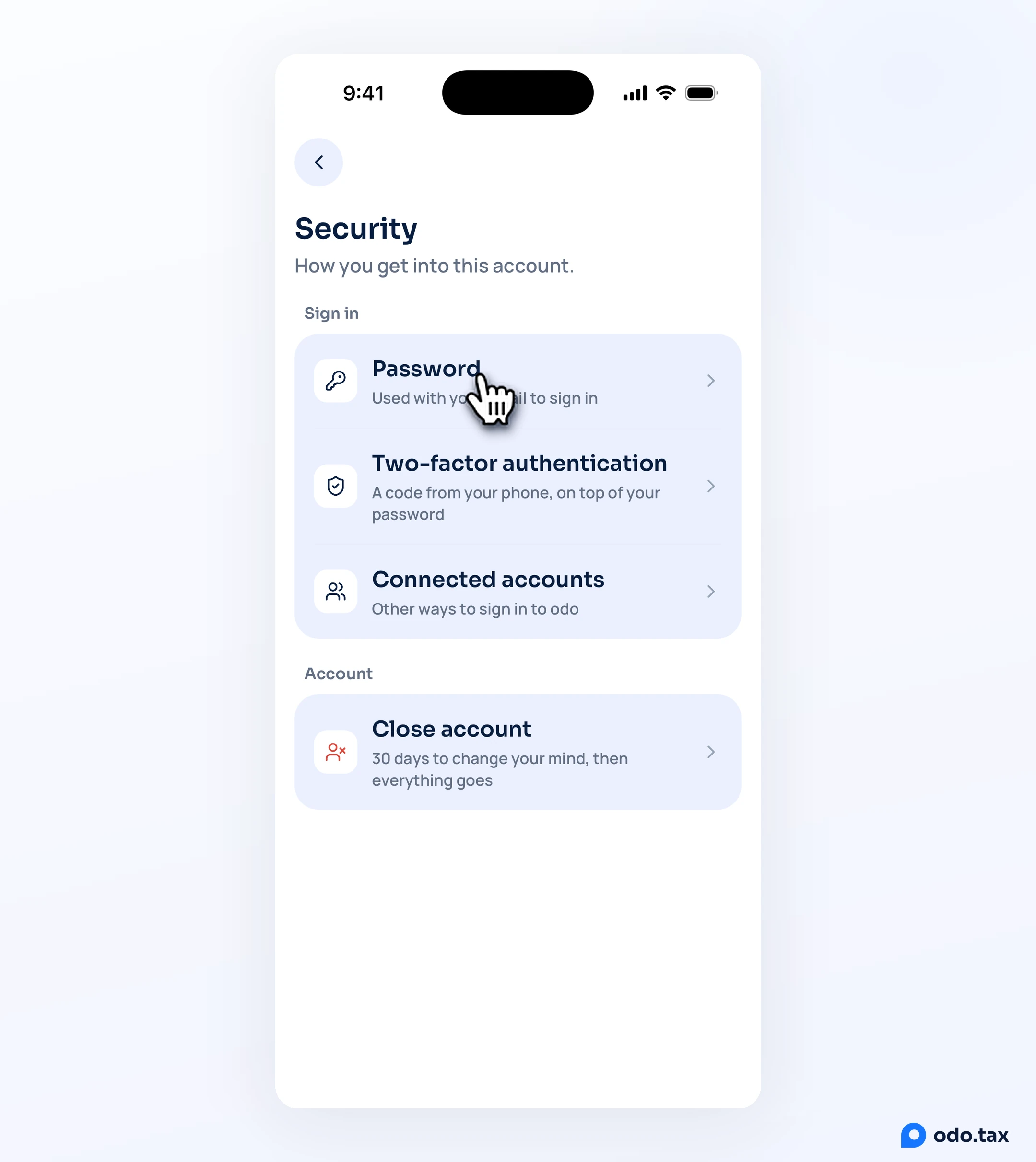 The Security screen in OdoTax on an iPhone with the hand on Password.